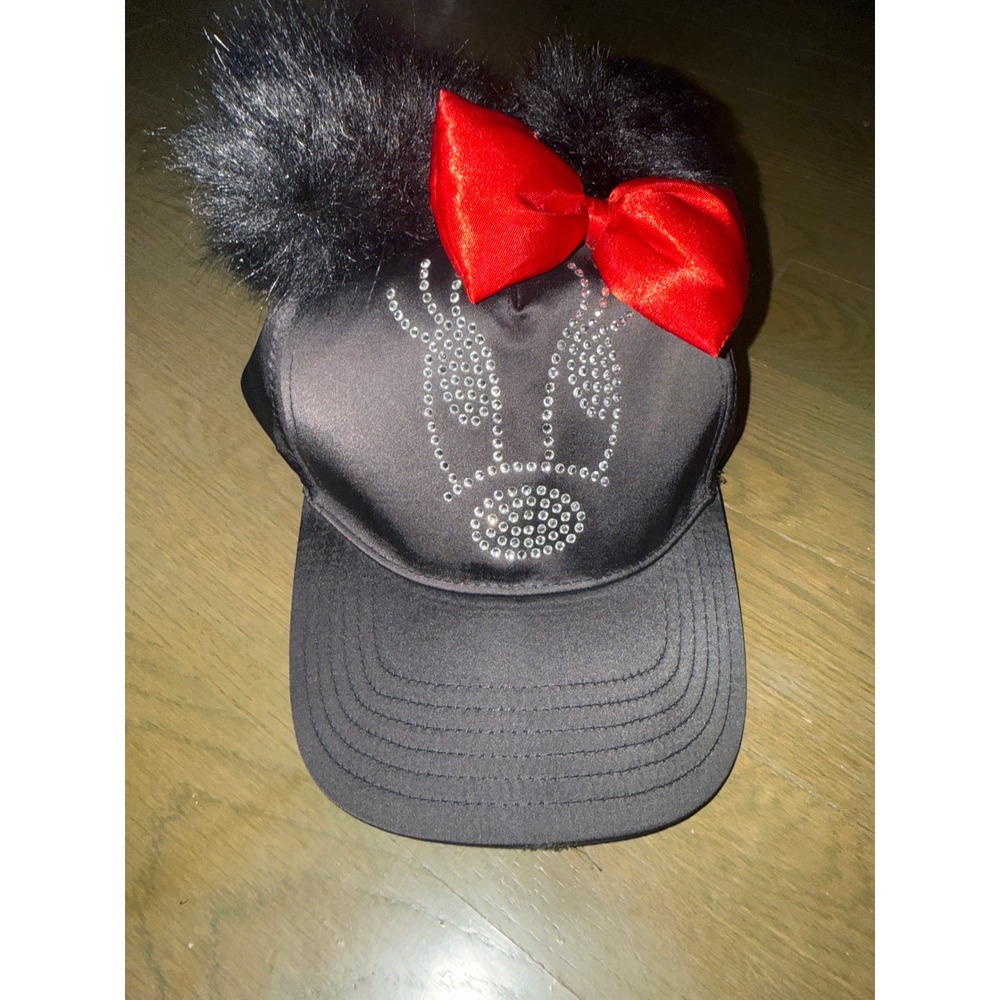 Disney Parks Minnie Mouse Fab-Bow-Lous Black Satin Rhinestone Pom Pom Youth Hat